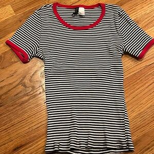 H&M black & white striped tshirt with red trim